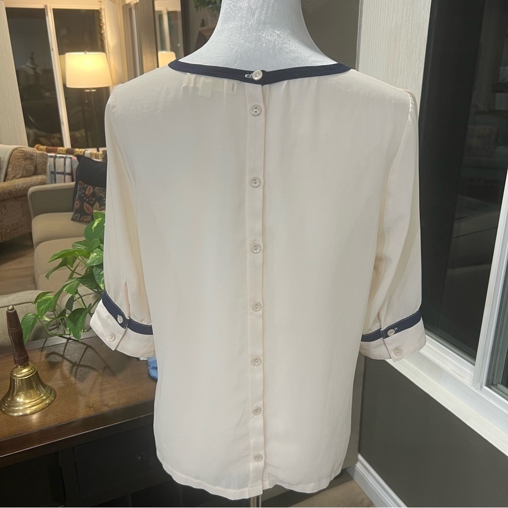 Comme Toi Cream and Navy Blue Sheer Back Button Top (L) EUC - Picture 2 of 5